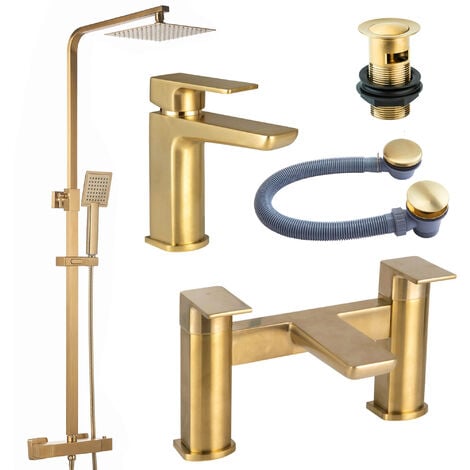 FNX BATHROOMS Brushed Brass Shower Kit Rigid Riser Over Head Rainfall & Matching Basin Tap, Bath Filler Mixer Waste Pack