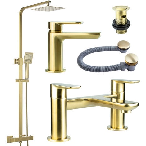 FNX BATHROOMS Brushed Brass Shower Kit Rigid Riser Over Head Rainfall & Matching Basin Tap, Bath Filler Mixer Waste Pack