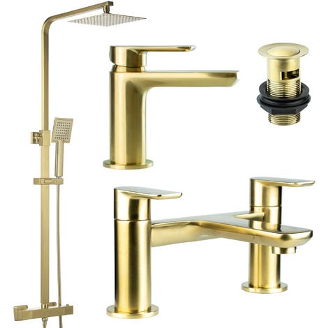 FNX BATHROOMS Brushed Brass Shower Kit Rigid Riser Over Head Rainfall with Matching Basin Tap & Bath Filler Mixer Pack