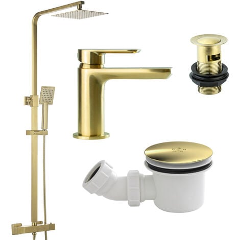 FNX BATHROOMS Brushed Brass Shower Kit Rigid Riser Over Head Rainfall with Matching Basin Tap & Shower Tray Waste Pack