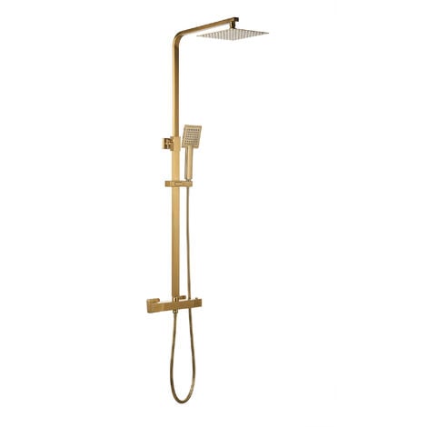 FNX BATHROOMS Brushed Brass Square Overhead Thermostatic Rigid Riser Shower Kit Adjustable Height