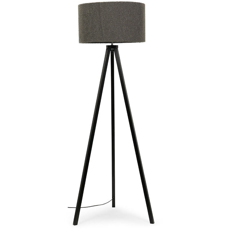 Black Wood Floor Lamp Large Tripod Wooden Light Boucle Lampshade Living Room - Charcoal + LED Bulb