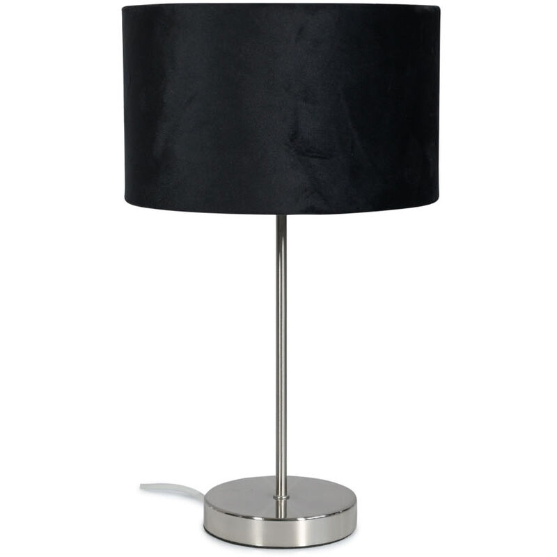 Brushed Chrome Table Lamp Metal Stem Velvet Lampshade Bedside Living Room Light - Black + led Bulb