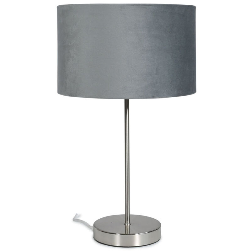 Brushed Chrome Table Lamp Metal Stem Velvet Lampshade Bedside Living Room Light - Grey + led Bulb