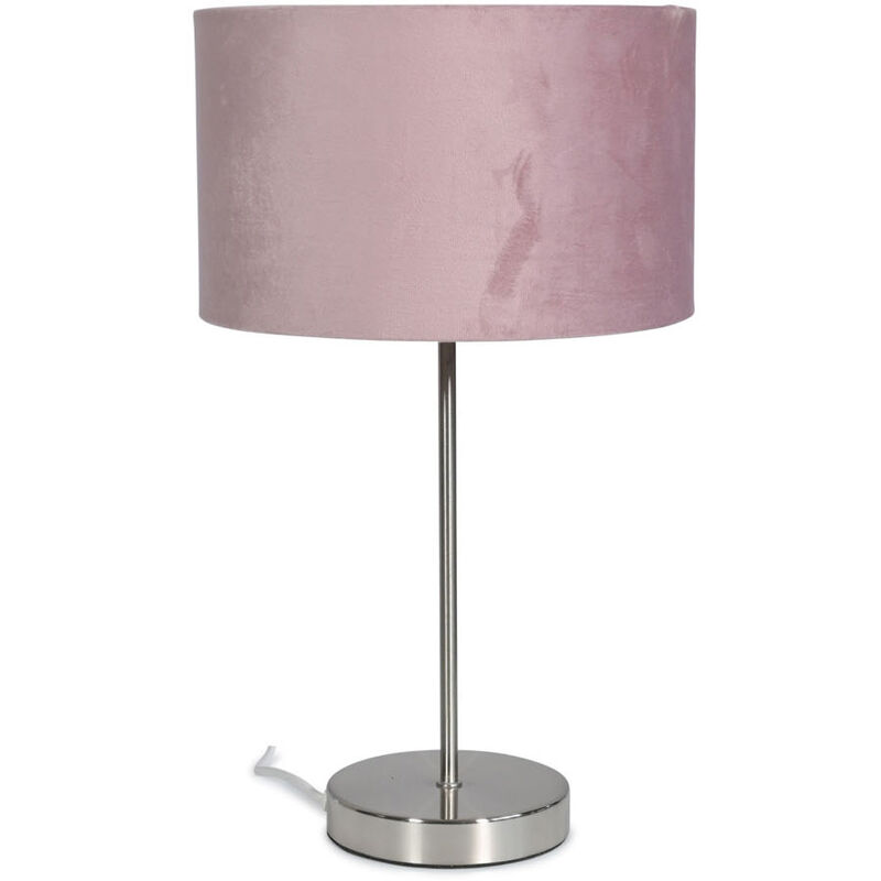 Brushed Chrome Table Lamp Metal Stem Velvet Lampshade Bedside Living Room Light - Blush + led Bulb