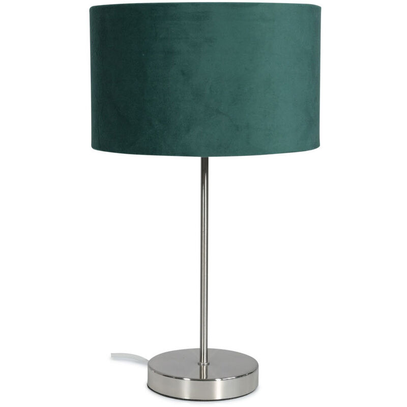 Brushed Chrome Table Lamp Metal Stem Velvet Lampshade Bedside Living Room Light - Forest Green - No Bulb