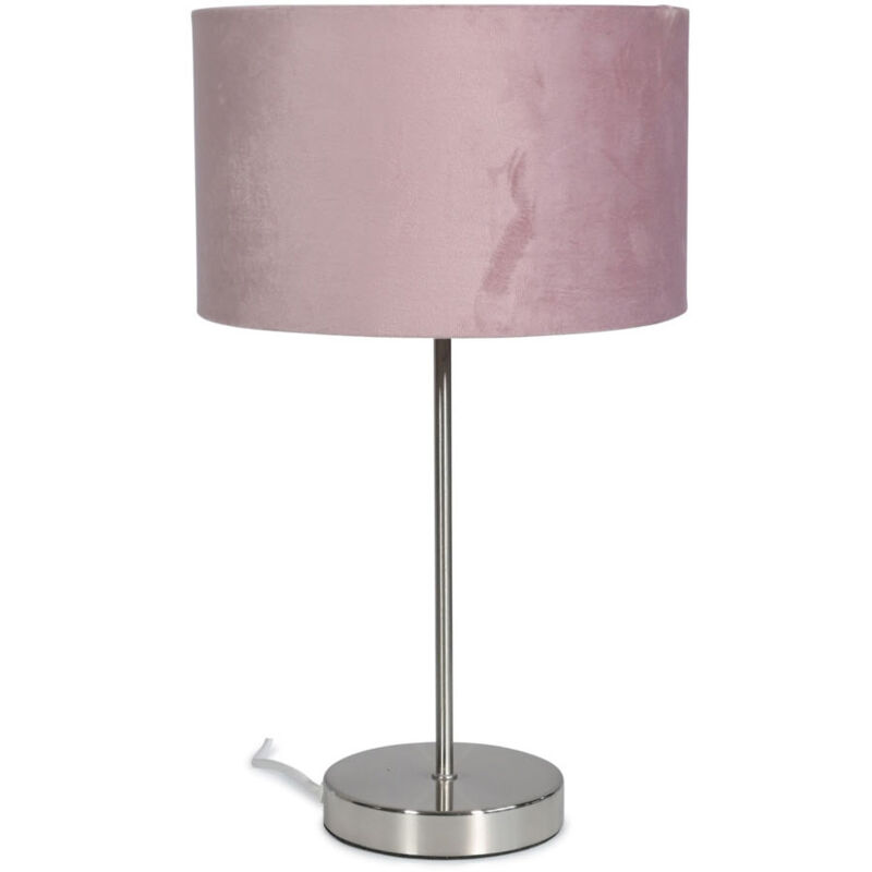 Brushed Chrome Table Lamp Metal Stem Velvet Lampshade Bedside Living Room Light - Blush - No Bulb