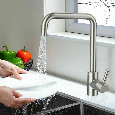 Brushed Kitchen Faucet 2 Choice of Jets 360° Rotating Spout Ecological Sink Faucet Brass Kitchen Mixer Tap Stainless Steel SS304 Kitchen Faucets