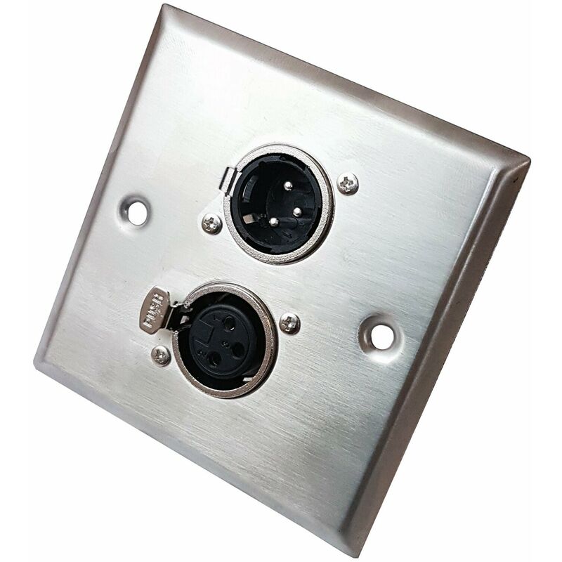 Brushed Steel Twin (2x) xlr Male & Female Wall Face Plate Audio Speaker Outlet
