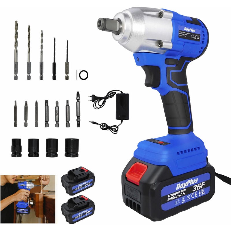 Day Plus - Brushless 2 batterie impact tournevis, outil électrique 21v avec 16 bits, 420nm batterie bits, avant, rotation inverse, 4 Manchons, 5