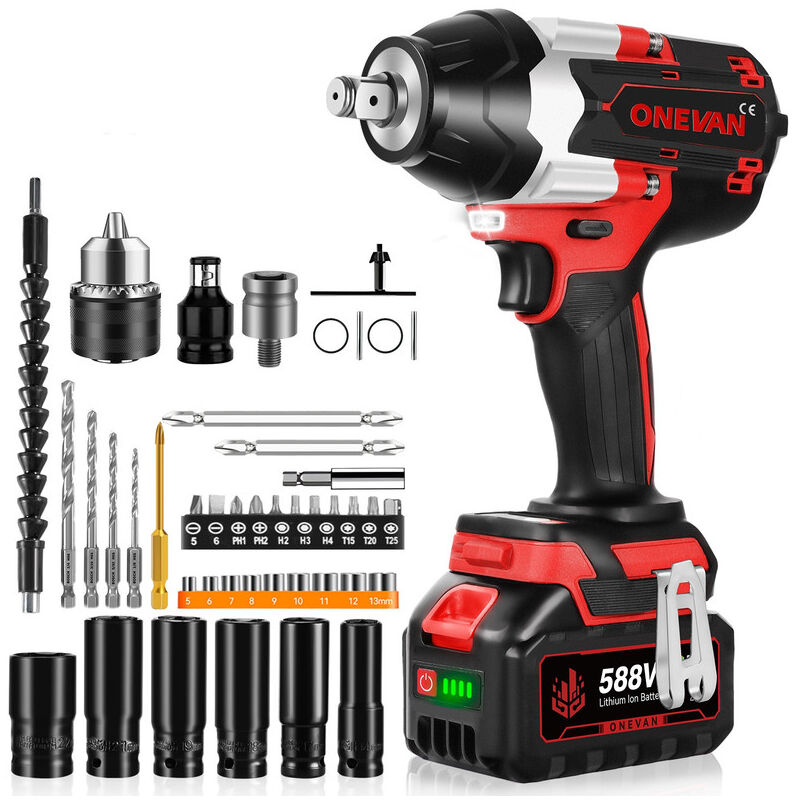 Brushless Clé à chocs sans fil 1800Nm ,1/2' Boulonneuse a Choc, 3 vitesses de réglage cle a choc batterie pour camions, avec 44 Douilles à Chocs