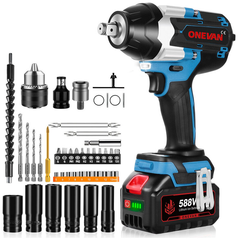 Brushless Clé à chocs sans fil 1800Nm , 1/2' Boulonneuse a Choc,3 vitesses de réglage cle a choc batterie pour camions,avec 44 Douilles à Chocs