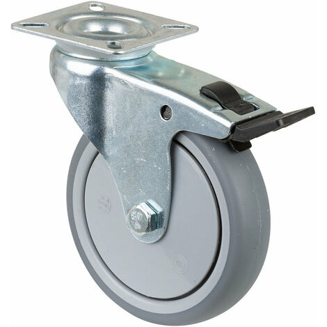 BS-R Lenkrolle 100mm mit Feststeller Gummirad grau Kugell. Platte Tragkraft 70kg
