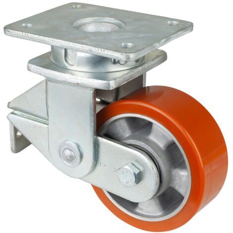 BS Rollen BS gefederte Schwerlastrolle T100, Lenkrolle, Rad-Ø 125 mm, Tragk. 250 kg, Kugellager, Lauffl. Guss-Polyurethan, Radk. Aluminium, Platte 138x110 mm