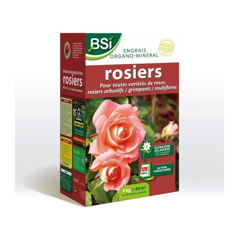 BSI - Engrais Bio Rosiers - Pour Toutes les Sorte de Roses - Floraison Éclatante - Action Longue Durée - 4kg - Jusqu'a 40 m²