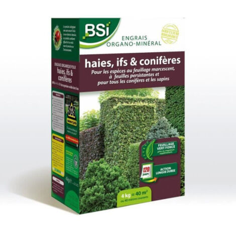 BSI - Engrais Organo-Minéral - Bio - Haies, Ifs, Coniferes - Pour Feuillages Persistants Et Coniferes - Longue Durée - 4Kg - 40m²
