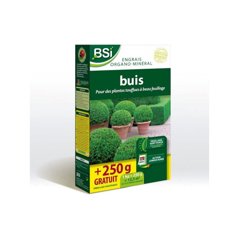 BSI - Engrais Buis Bio - Feuillage étincelant et vert fonçé - Action longue durée - 1Kg + 250g gratuit - Jusqu'a 12,5 m²
