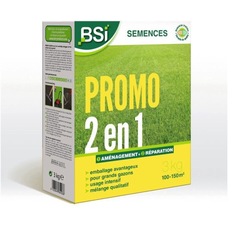 BSI - Semences de Gazon - Aménagement ou Réparation Rapide - Avec Enrobage Protecteur - Haute qualité - Jusqu'a 150m² - 3Kg