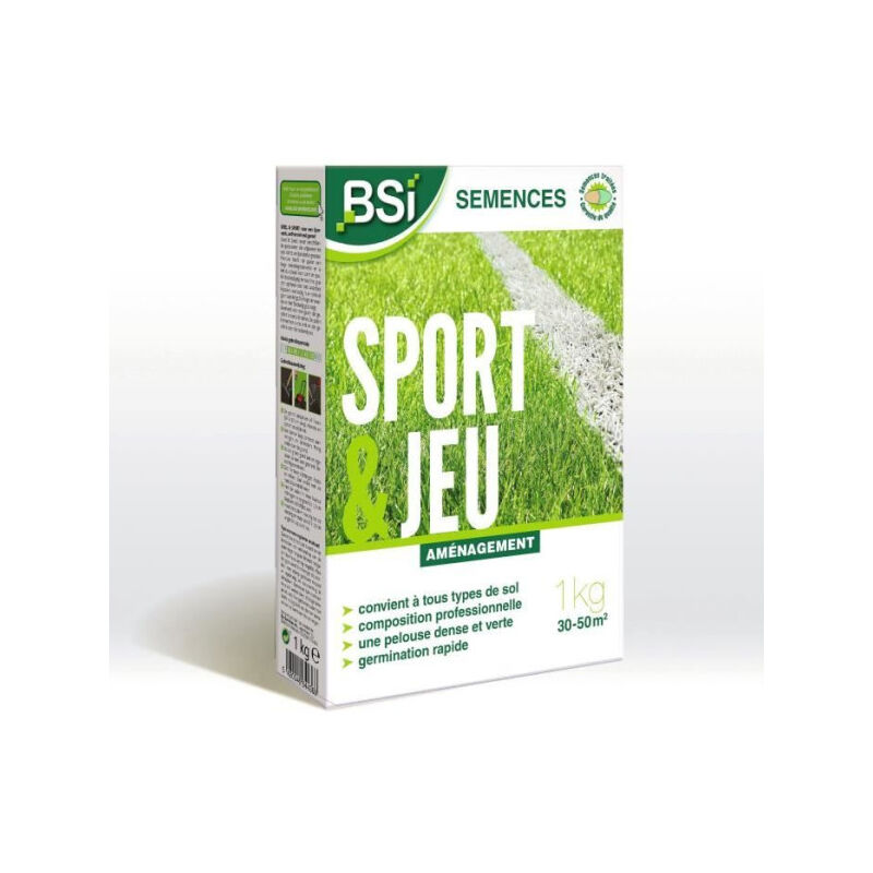 BSI - Semences de Gazon - Sport & Jeu - Avec Enrobage Protecteur - Haute qualité - jusqu'a 50 m² - 1Kg