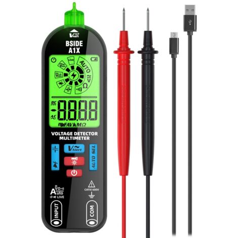 BSIDE A1X Multimètre Numérique Intelligent Mini Testeur Électrique Rechargeable avec Nouvel Écran ID Détecteur de Tension Sans Contact Testeur de Continuité Capacité Ohm Diode Câble Sous Tension