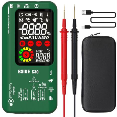 BSIDE Multimètre Numérique Intelligent avec Thermomètre Infrarouge Testeur Diode Haute Tension 9999 Comptes LCD Couleur Voltmètre Ampèremètre Testeur de Capacité Rechargeable pour LED Automobile