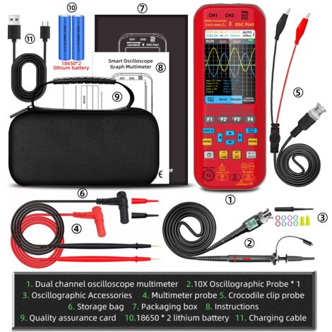 BSIDE O9 Oscilloscope Portable Automobile 2 Canaux 50MHz 250MSa/s 5000mAh Multimètre TRMS 20000 Comptes Grand Écran 3.98" Générateur de Signal 7 Formes d'Ondes Support Bobine Rogowski Courant 2000A