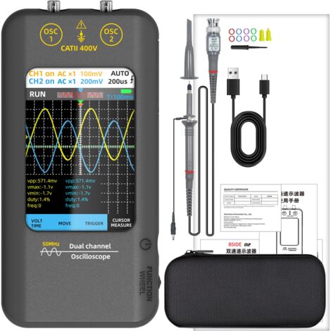 BSIDE Oscilloscope à 2 canaux 50MHz Oscilloscope portable avec écran tactile 3,98 pouces Oscilloscope numérique Générateur de signaux 250 MSa/s Taux d'échantillonnage