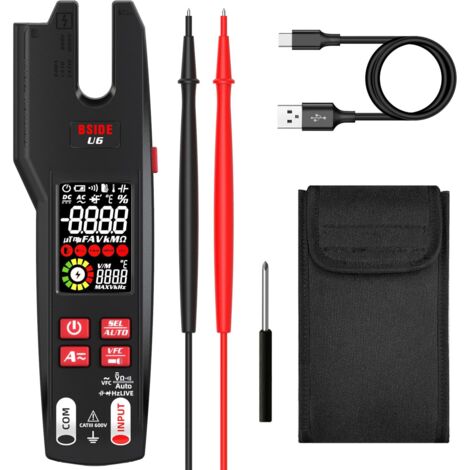 BSIDE U6 Testeur Électrique avec Thermomètre Infrarouge Pince Ampèremétrique Ouverte AC DC 600A LCD Couleur 9999 Comptes VFC Multimètre Numérique Intelligent avec Batterie Rechargeable et Étui