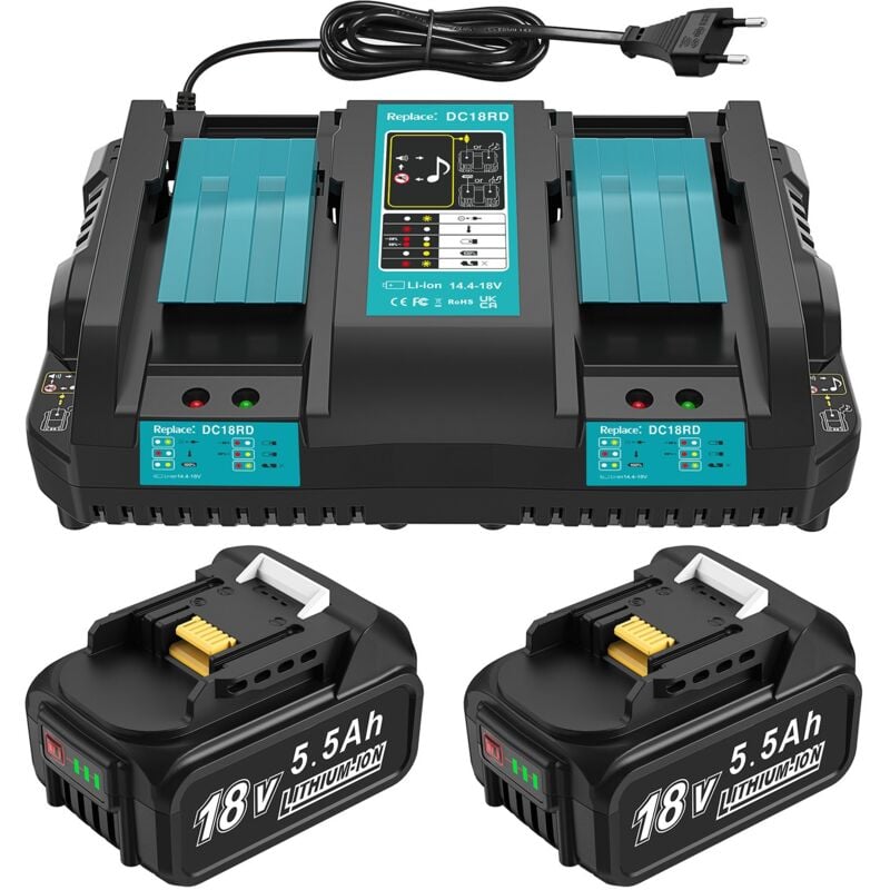 Bsioff - DC18RD Chargeur 18 v + 2 batteries de rechange 5,5 Ah compatibles avec batterie Makita 18 v et chargeur, batteries de rechange 18 v BL1860B,