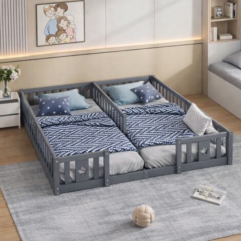 BSMGSGN-90x200 cm Lit Enfant gris avec Barrières de Sécurité, Lit au Sol en Bois Minimaliste, Cadre de Lit sans Sommier, sans Matelas
