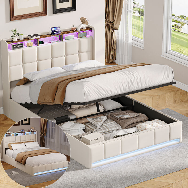 BSMGSGN-Lit Coffre 140x190 cm en Lin Beige, avec LED et Port USB, Rangement Hydraulique, Tête de Lit avec Étagères et Sommier à Lattes, Lit Double
