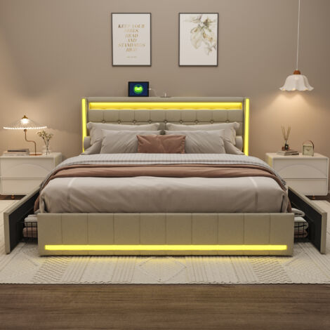 BSMGSGN-Lit Coffre 160x200 avec LED, 4 Tiroirs de Rangement, Tête de Lit Capitonnée, Ports USB et Type-C, Sommier à Lattes, Lit Double Rembourré en Lin Beige pour 2 Personnes, Sans Matelas