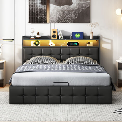 BSMGSGN-Lit Coffre 160x200 cm avec LED et Prise USB, Lit Double Rembourré en PU Noir avec Système Hydraulique, Tête de Lit avec Rangement et Sommier à Lattes, sans Matelas