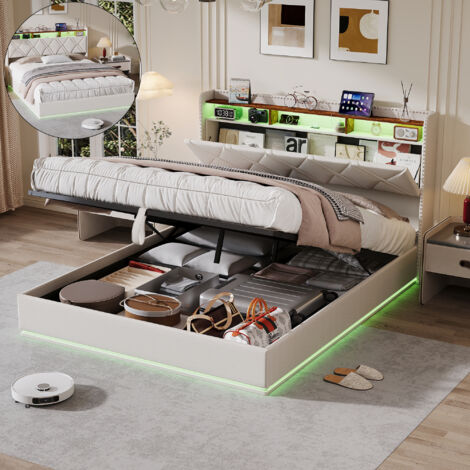 BSMGSGN-Lit coffre 160x200 cm avec LED et USB, cadre de lit double en lin beige avec sommier à lattes, rangement hydraulique sous le lit, tête de lit avec étagères de rangement, sans matelas