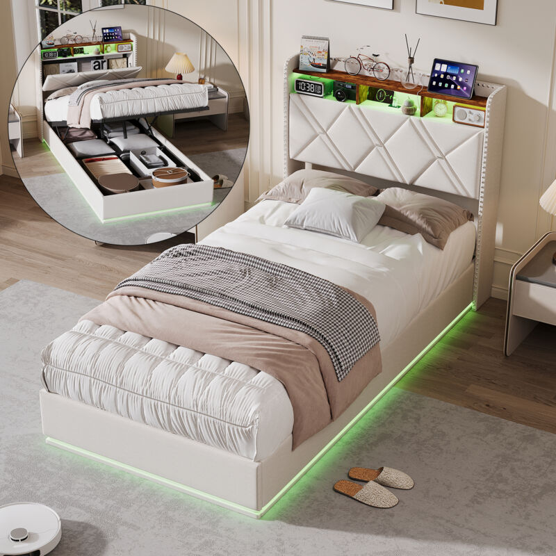 BSMGSGN-Lit coffre 90x200 cm avec LED et USB, tête de lit avec rangement, cadre de lit simple en lin beige avec sommier à lattes, espace de rangement