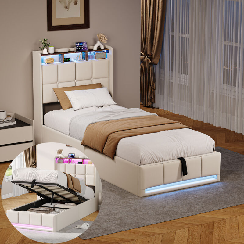 BSMGSGN-Lit Coffre 90x200 cm en Lin Beige, avec LED et Port USB, Rangement Hydraulique, Tête de Lit avec Étagères et Sommier à Lattes, Lit Simple