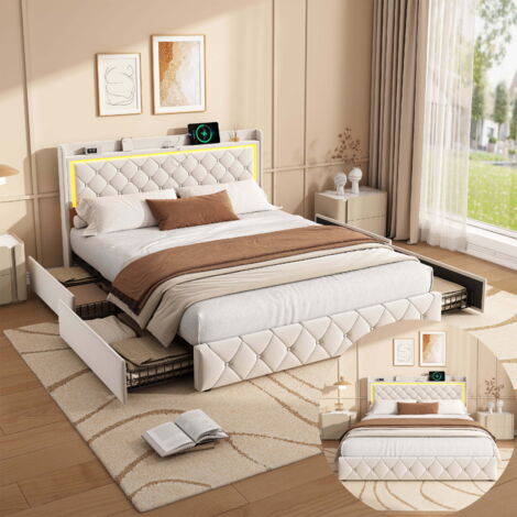 BSMGSGN-Lit double 140x190 cm avec LED et USB, 4 tiroirs de rangement sous lit, cadre de lit rembourré en velours beige avec sommier à lattes, lit adulte et adolescent, sans matelas
