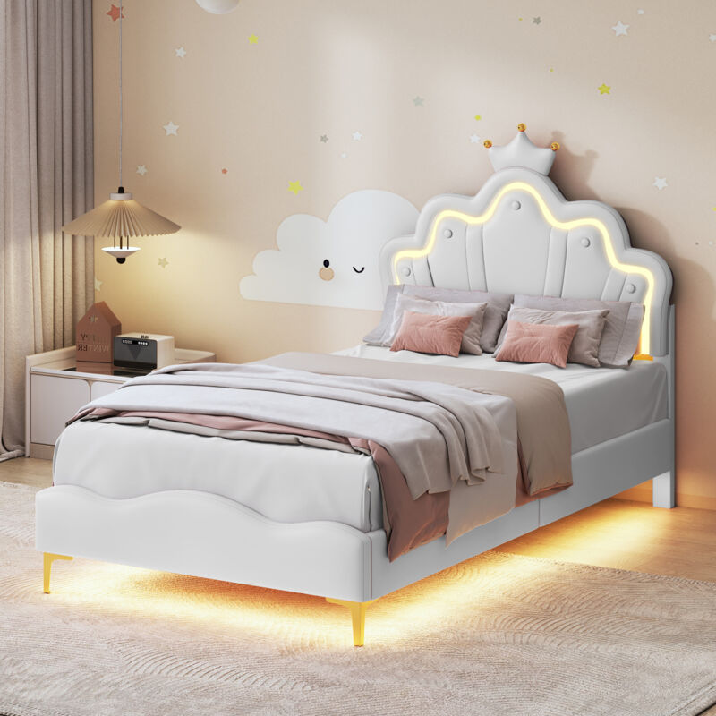 BSMGSGN-Lit Enfant Rembourré 90x200 cm Princesse Couronne avec LED Réglable, Lit Simple pour Fille Adolescente, Sommier à Lattes, PU Blanc, Sans