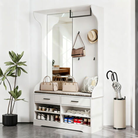 BSMGSGN-Porte-manteau sur Pied avec Miroir - 4 Crochets, Range-Chaussures Intégré - Meuble Porte-Manteau Multifonction Blanc