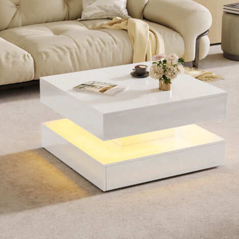 BSMGSGN-Table Basse Brillante avec LED Table de Salon Moderne avec Rangement, Table Basse de Salon avec 2 Tiroirs, Table d'appoint Carrée pour Salon, Chambre à Coucher Style Technologique, Blanc