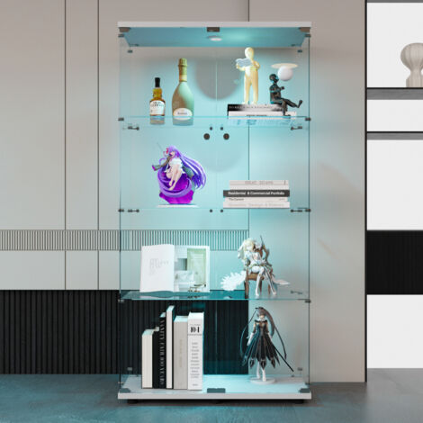 BSMGSGN-Vitrine en Verre avec LED 163.9x80,49x36,49cm, Meuble Vitrine Moderne avec 2 Portes et 4 Étagères en Verre Trempé, Armoire de Collection avec Serrure pour Salon, Bureau, Livres, Blanc