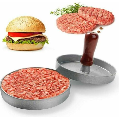 BSR Presse à hamburger, presse à hamburger de cuisine à viande hachée, manche en bois, presse à hamburger antiadhésive en aluminium pour steak, boulettes de viande à hamburger (9 cm de diamètre)