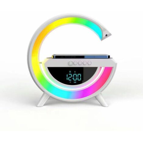 BT Smart Speaker Alarm Clock with Wireless Charging, Mood Lamp with 6 Lighting Modes for Bedroom, Home Office