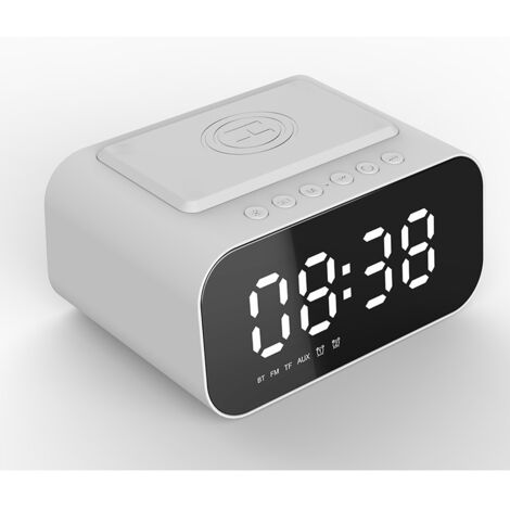 BT510 Blanc • Réveil multifonction avec haut-parleur, radio FM, affichage LED, charge rapide USB et charge sans fil 10 W • Convient à une utilisation à domicile et en extérieur