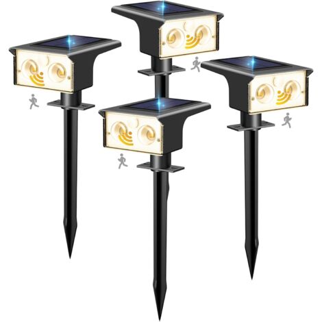 btfarm 4er-Set Solar-Außenleuchten mit Bewegungsmelder, leistungsstarke Außenbeleuchtung, 3 Modi, IP65 wasserdichte Solarstrahler, Solarfluter für Gartenwege, warmweiß