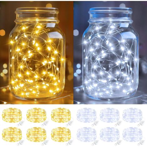 btfarm Lot de 12 guirlandes lumineuses LED avec piles - 2 m - 20 LED - Fil avec pile bouton - Pour décoration de Noël, fête - Blanc chaud et blanc froid