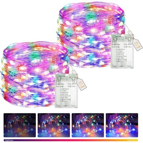 btfarm Lot de 2 guirlandes lumineuses à 50 LED de 5 m avec minuterie, intensité variable, 8 modes, étanche, à piles, pour Noël, fête, multicolore