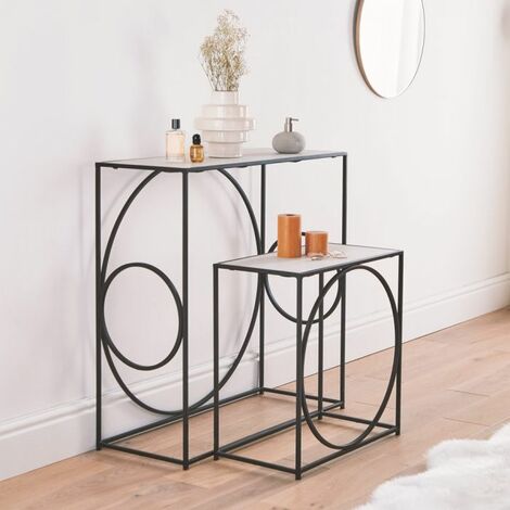 BTFY Console Table Set of 2 - White & Black Marble Nesting Tables with Unique Statement Patterned Frame, Multifunctional Side, End Nest of Tables with Iron Legs For Living Room, Lounge & Hallway