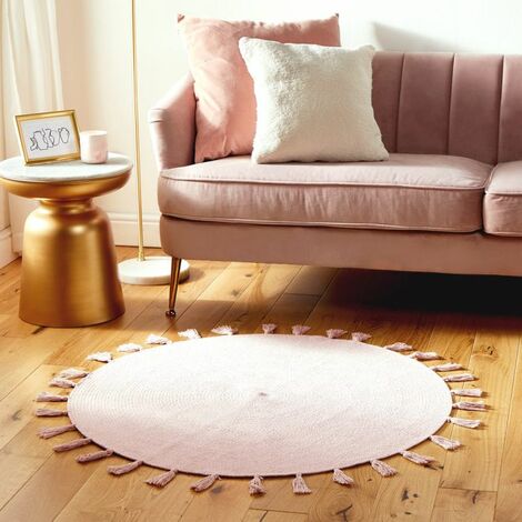 BTFY Cotton Rug Pink Round Tasselled Area Carpet Circle Tassel Rug Yellow 1 Metre Diameter Eclectic Accessory Rug for Living Room Bedroom Home Office