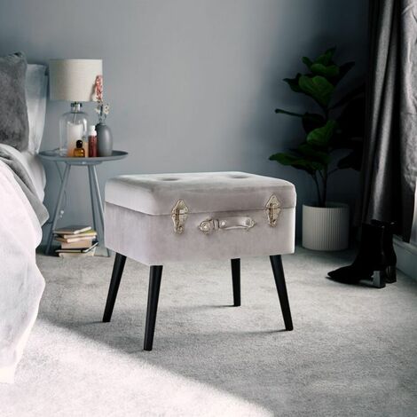 BTFY Grey Velvet Footstool – Silver Storage Trunk Stool – Metallic Chest Seat – Padded & Cushioned Pouffe Footrest with Black Legs and Graphite Clips for Bedroom, Living Room, Dressing Room, Hallway